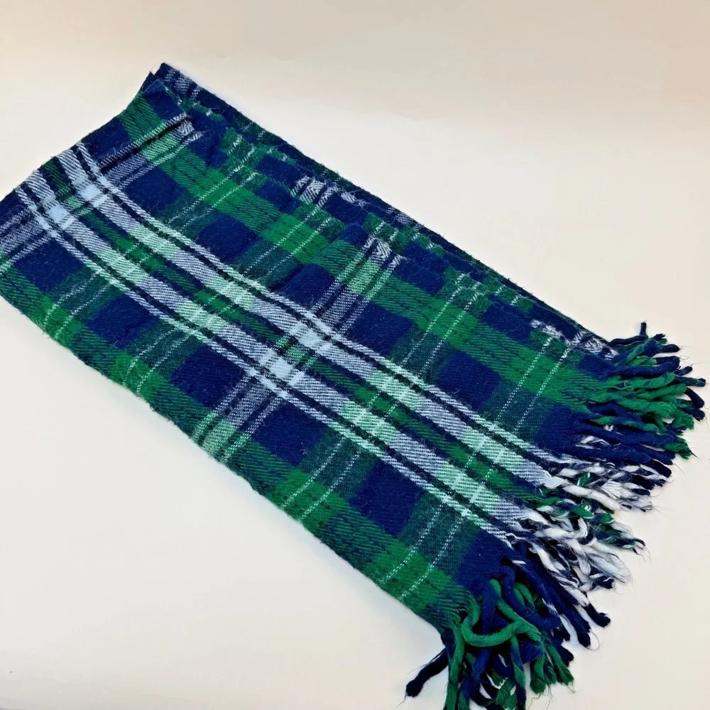 Faribault Woolen Mill  Blue‎ Green White Plaid WOOL Throw Blanket 53